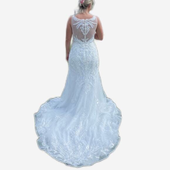 Martha Blanc | Women’s Wedding Dress Sleeveless Button Back Sheer Sequins Train - Picture 2 of 15